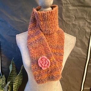 Knit Scarf in Pink, Purple, Orange, Green with Pink Knit Removable Flower